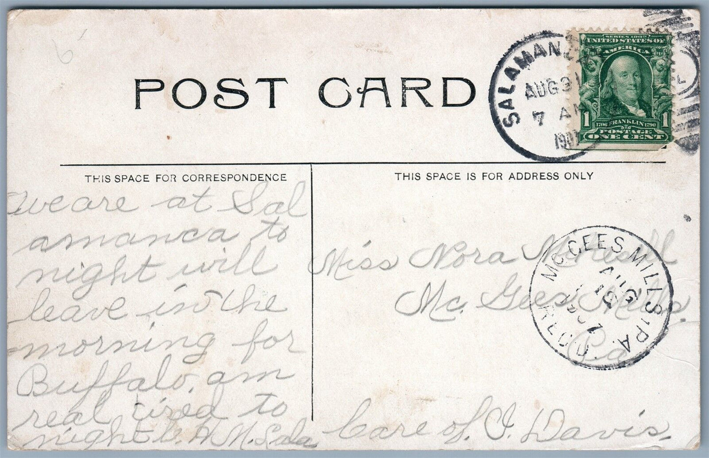SALAMANCA NY MAIN STREET NIES BLOCK 1907 AVENUE ANTIQUE POSTCARD w/ CORK CANCEL