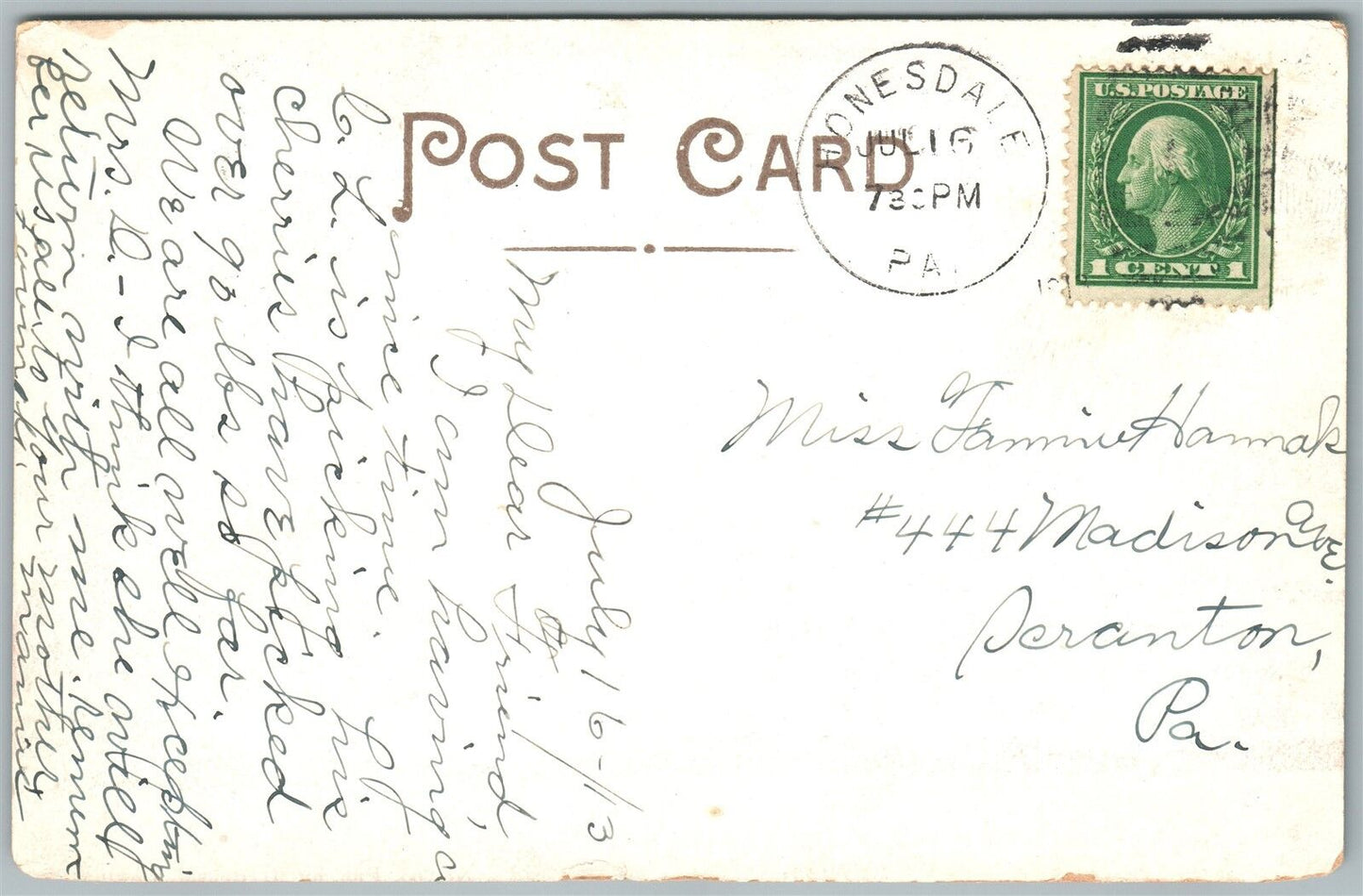 HONESDALE PA LACKAWAXEN RIVERSIDE PARK ANTIQUE POSTCARD