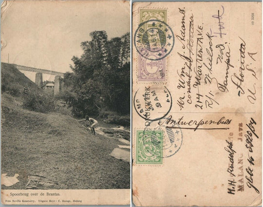 ANTIQUE POSTCARD w/ STAMPS SPOORBRUG OVER DE BRANTAS RIVER EAST JAVA INDONESIA