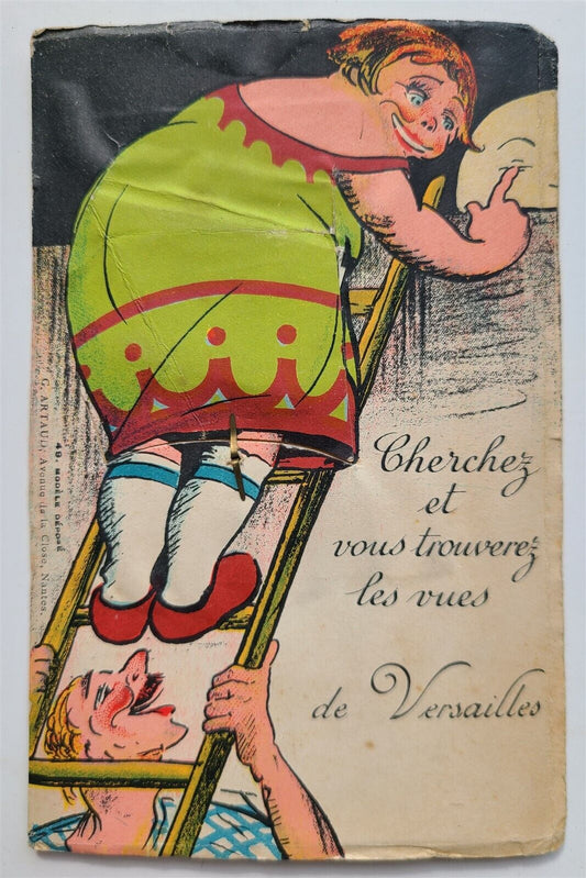 FRENCH ANTIQUE COMIC POSTCARD w/ FOLDING MINIATURE VIEWS of VERSAILLES