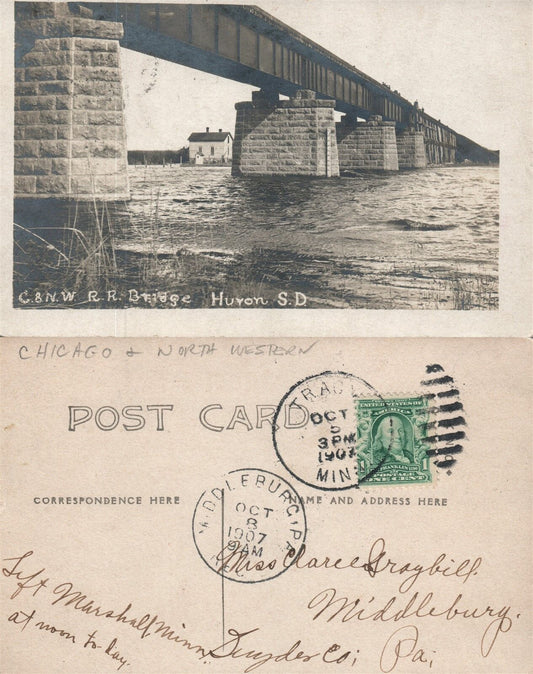 HURON S.D. RAILROAD BRIDGE 1907 RPPC REAL PHOTO ANTIQUE POSTCARD CORK CANCEL