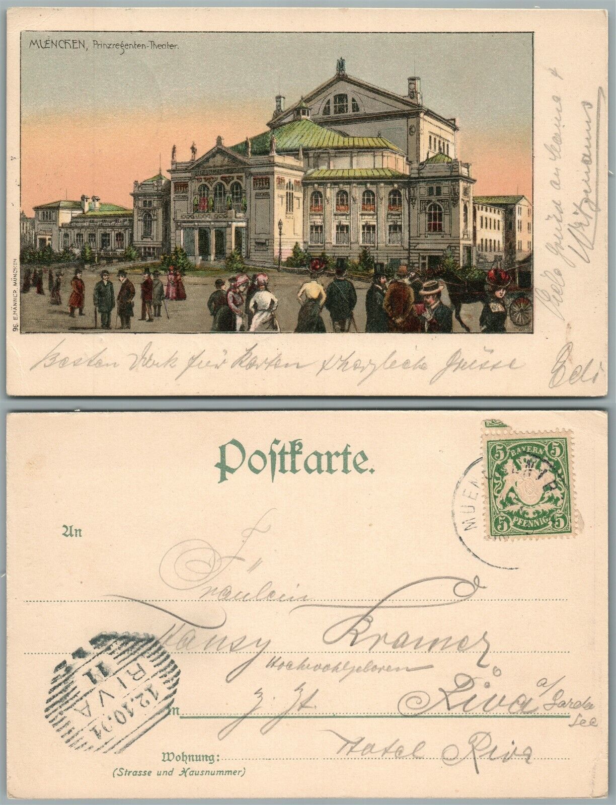 MUNICH PRINZREGENTEN THEATER GERMANY 1901 ANTIQUE POSTCARD w/ BAVARIAN stamp