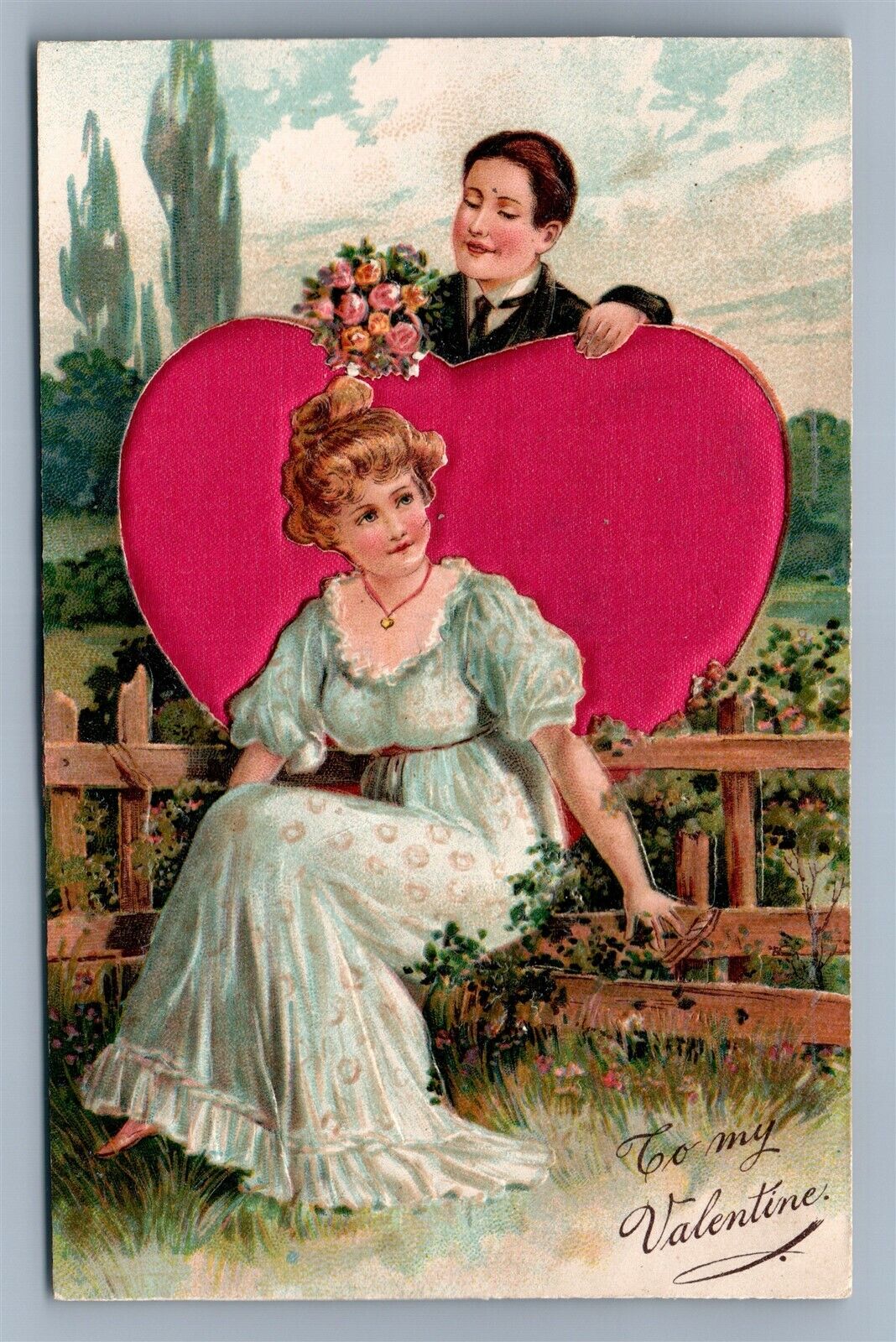 VALENTINE ANTIQUE POSTCARD COUPLE w/ SILK HEART