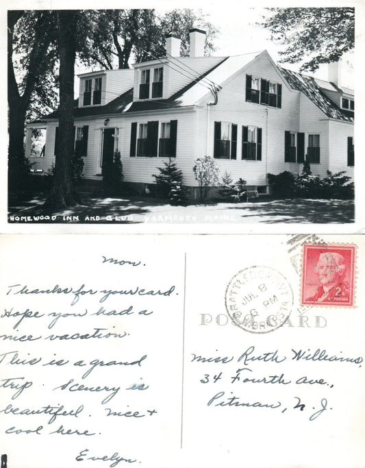 YARMOUTH ME HOMEWOOD INN hotel VINTAGE 1953 REAL PHOTO POSTCARD RPPC CORK STAMP