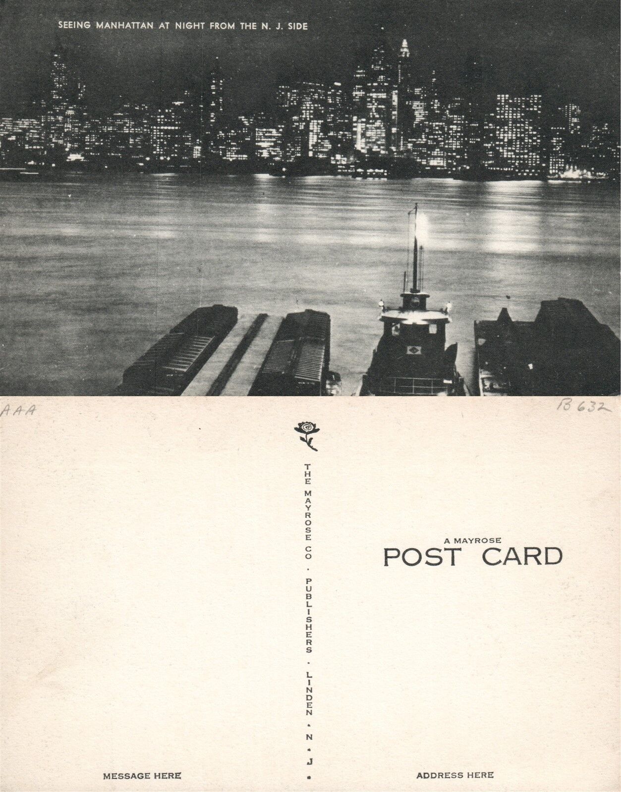 SEEING MANHATTAN AT NIGHT FRON N.J. SIDE VINTAGE POSTCARD