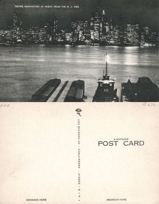 SEEING MANHATTAN AT NIGHT FRON N.J. SIDE VINTAGE POSTCARD