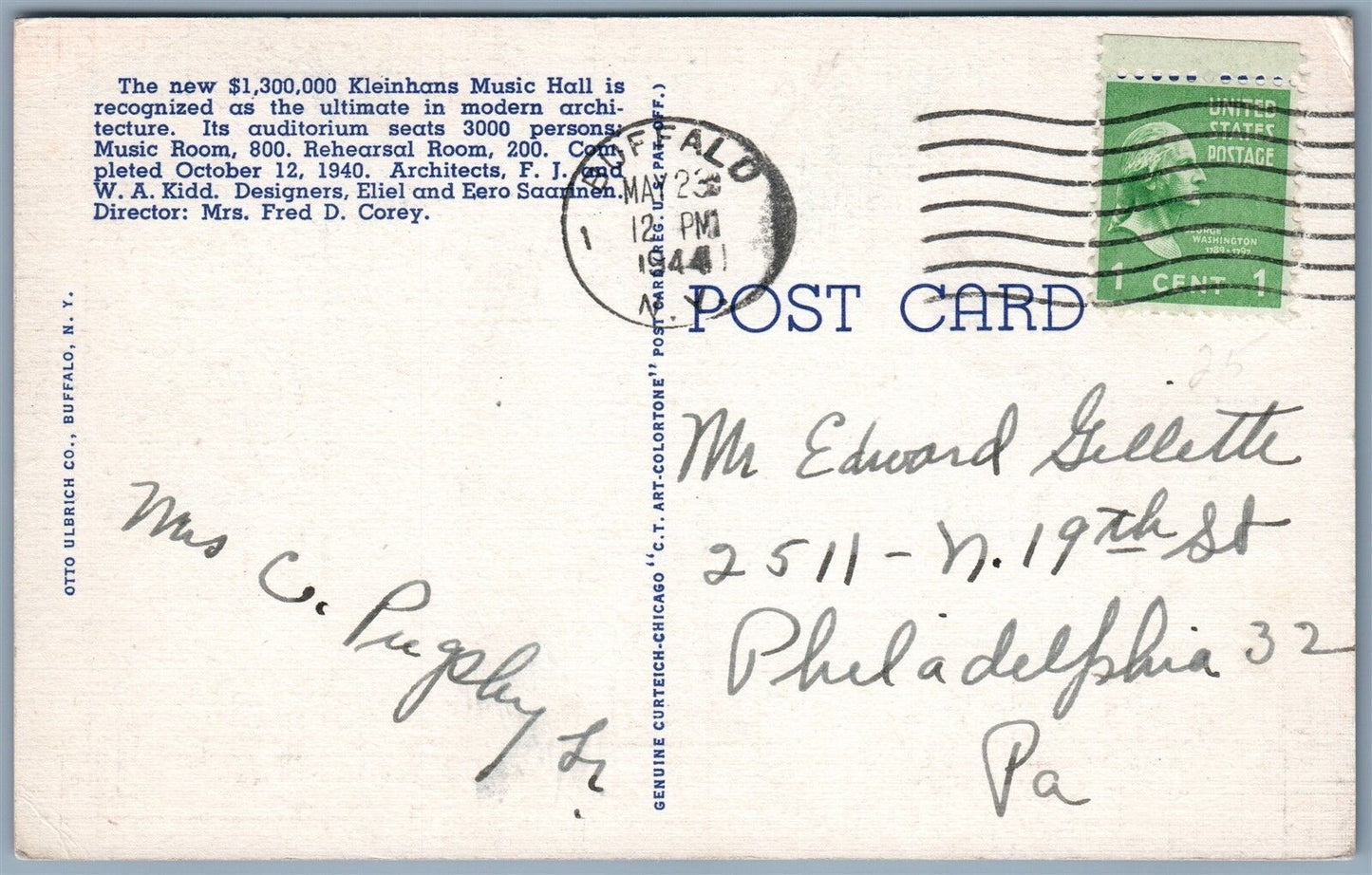 BUFFALO NY KLEINHANS MUSIC HALL 1944 VINTAGE POSTCARD