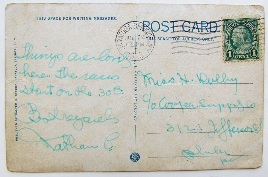 VINTAGE 1928 POSTCARD WATCHING THE RACE FROM CLUB HOUSE SARATOGA SPRINGS N.Y.