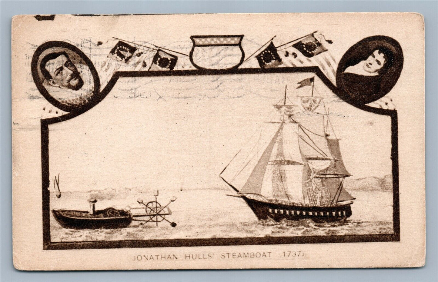 JONATHAN HULLS' STEAMBOAT ANTIQUE POSTCARD 1609 HUDSON FULTON 1807