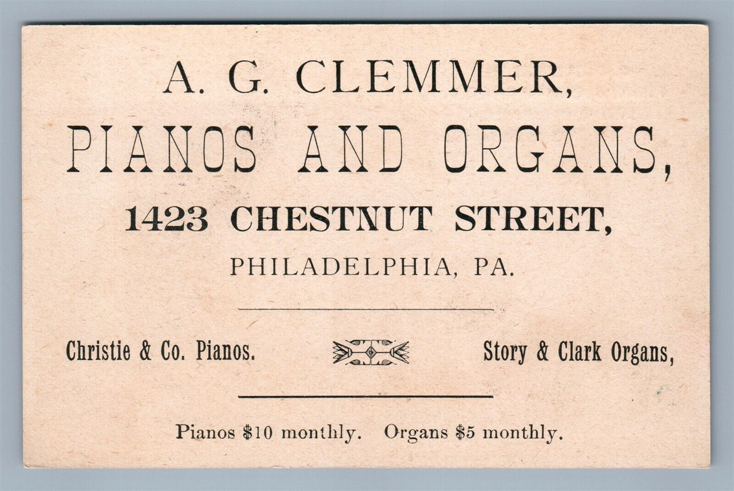 PHILADELPHIA PA ANTIQUE VICTORIAN TRADE CARD CLEMMER'S PIANO & ORGAN ADVERTISING