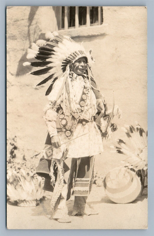 AMERICAN INDIAN CHIEF in PARADE DRESS ANTIQUE REAL PHOTO POSTCARD RPPC