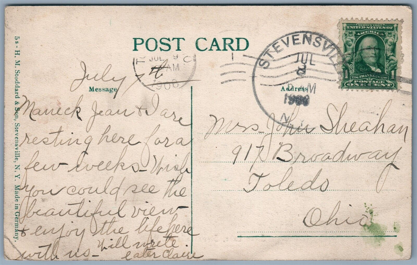 STEVENSVILLE NY SWAN LAKE 1908 ANTIQUE POSTCARD