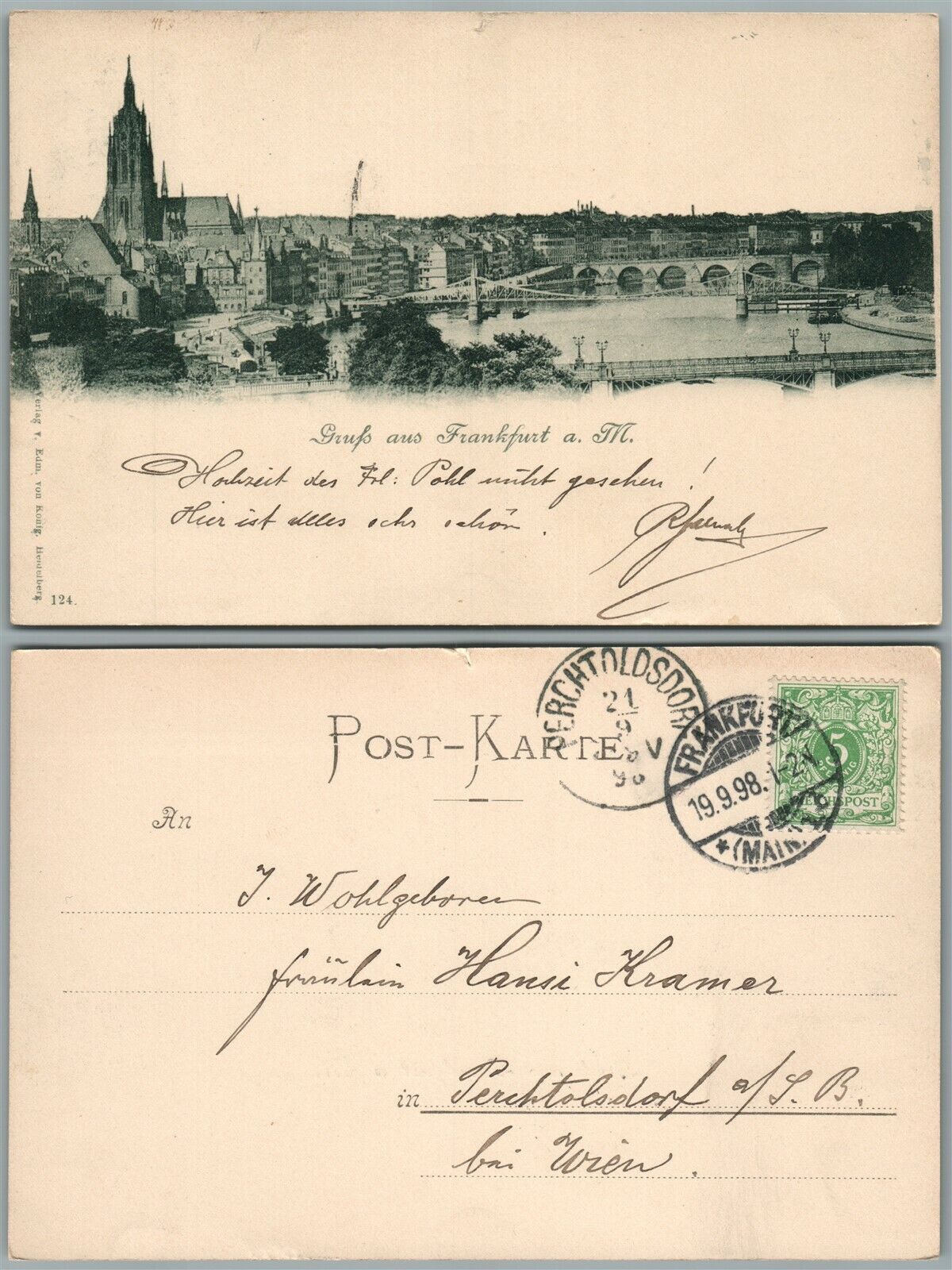 GRUSS AUS FRANKFURT a. M.1898 GERMAN ANTIQUE POSTCARD w/ STAMP