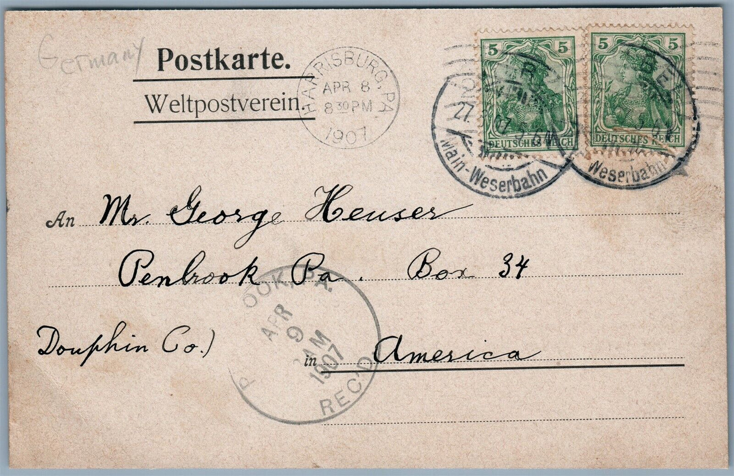 GRUSS AUS BAD UILBEL GERMANY UNDIVIDED 1907 ANTIQUE POSTCARD w/ STAMPS