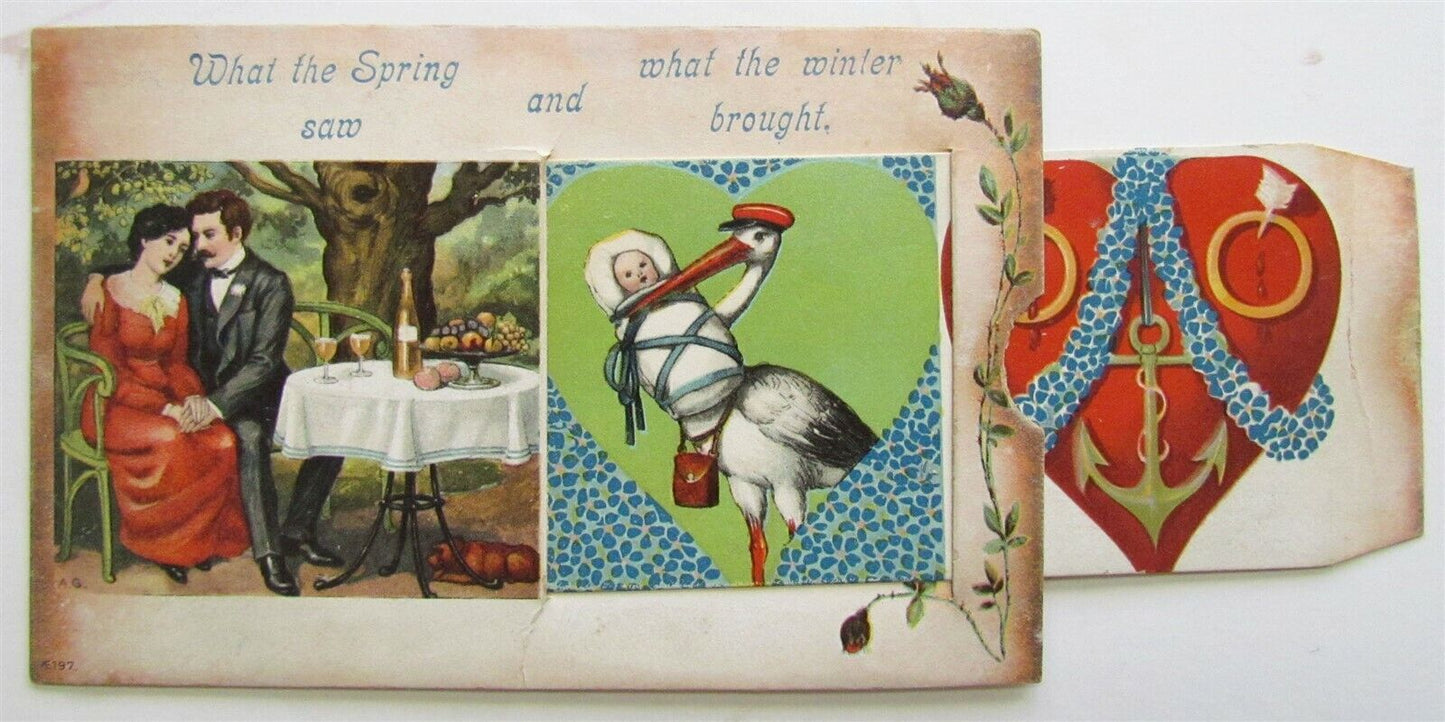 VALENTINE DAY MECHANICAL ANTIQUE POSTCARD - STORK BRINGS BABY