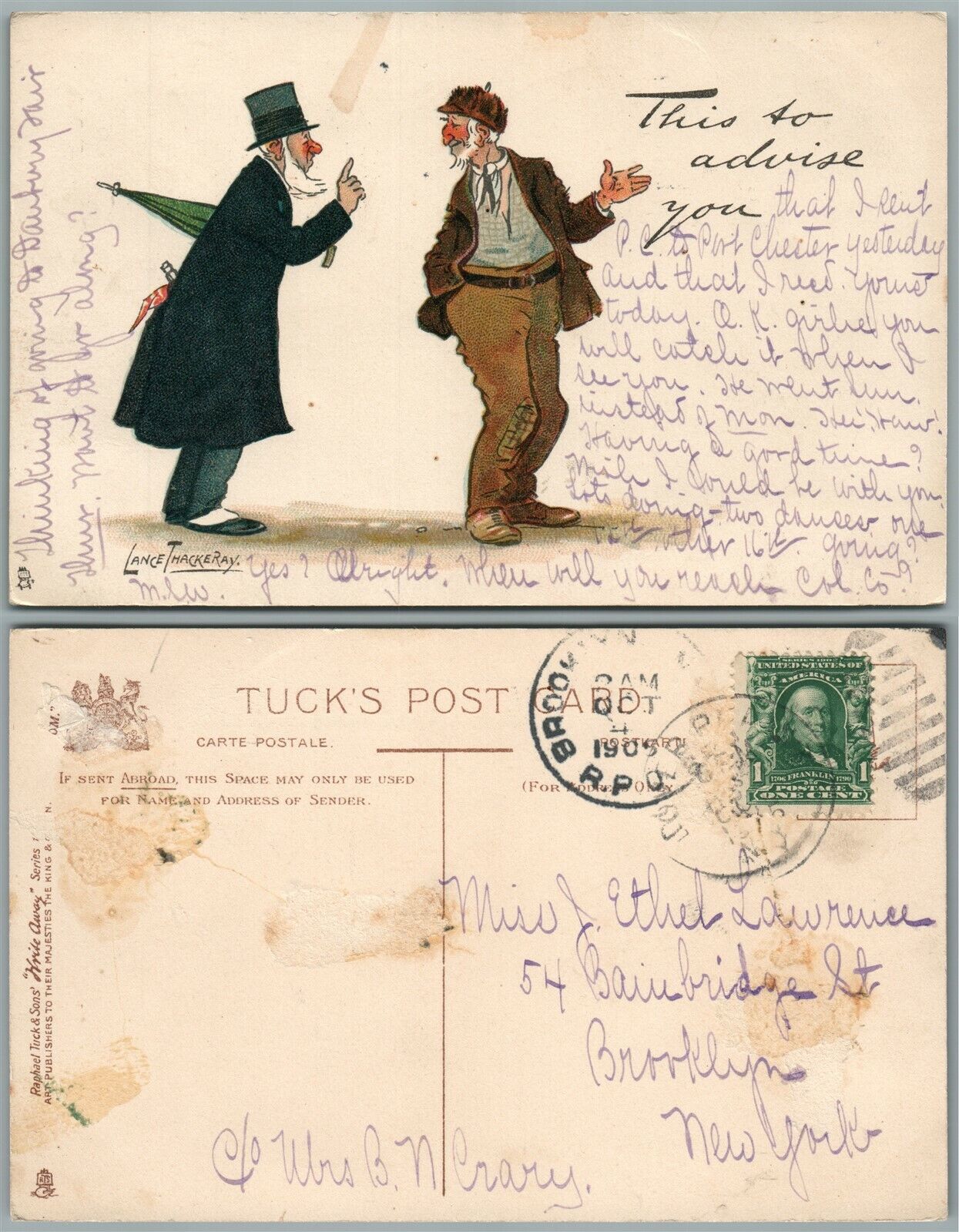 1905 ANTIQUE COMIC TUCK'S POSTCARD ARTIST SIGNED LANCE THACKERAY THIS TO ADVISE