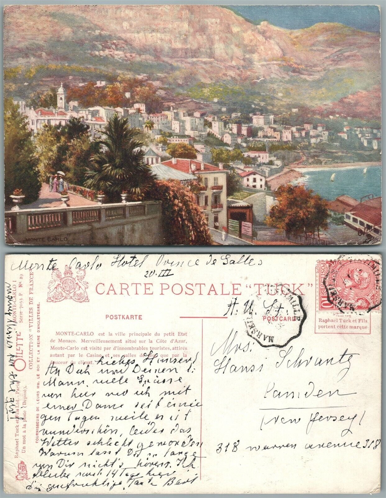 MONTE CARLO ANTIQUE ART POSTCARD w/ MONACO STAMP