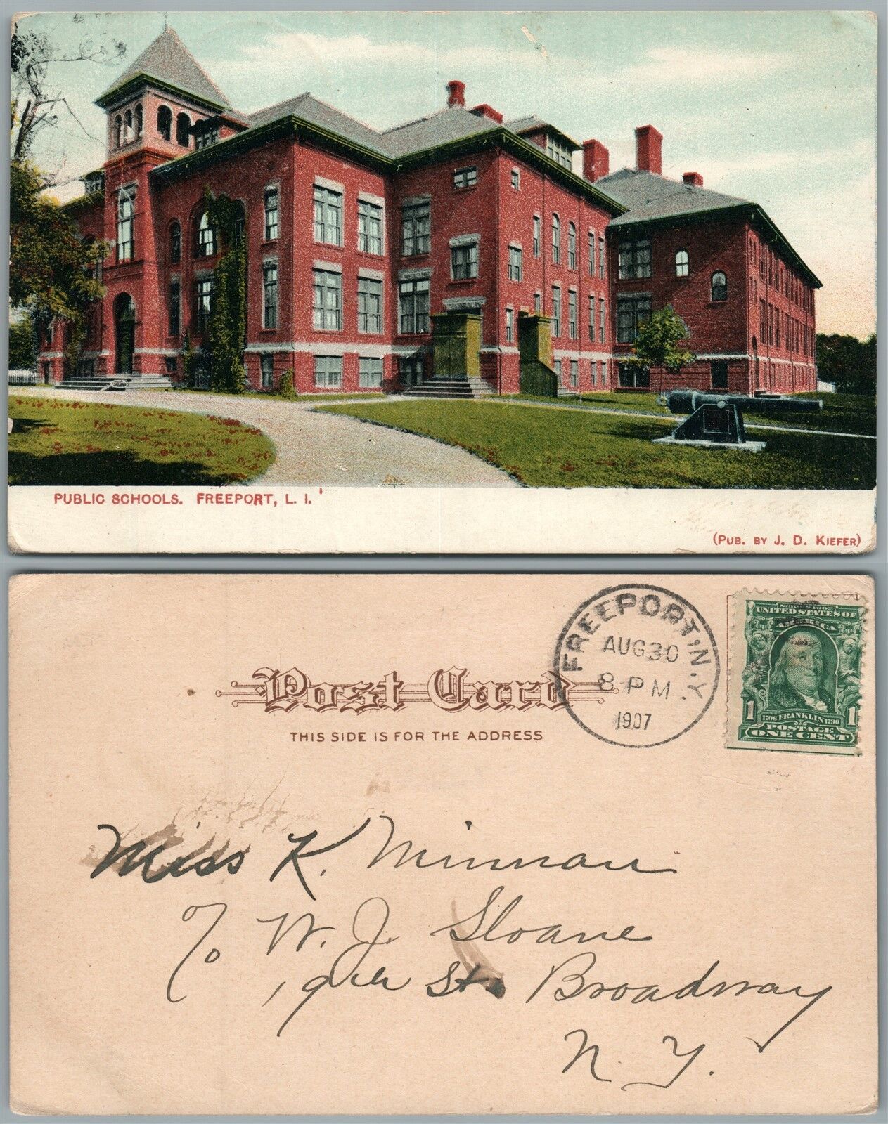 LONG ISLAND N.Y. FREEPORT PUBLIC SCHOOL UNDIVIDED 1907 ANTIQUE POSTCARD