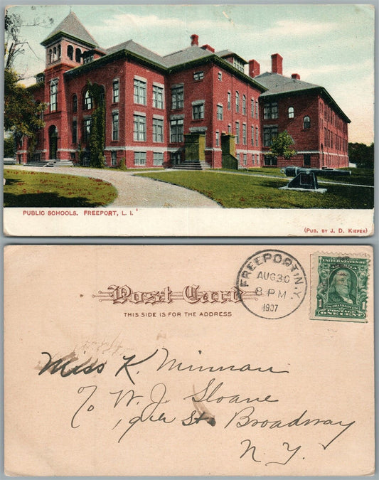 LONG ISLAND N.Y. FREEPORT PUBLIC SCHOOL UNDIVIDED 1907 ANTIQUE POSTCARD