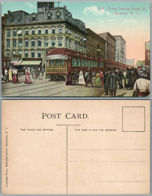 SYRACUSE N.Y. TRAIN CROSSING SALINA STREET ANTIQUE POSTCARD WESTERN UNION OFFICE