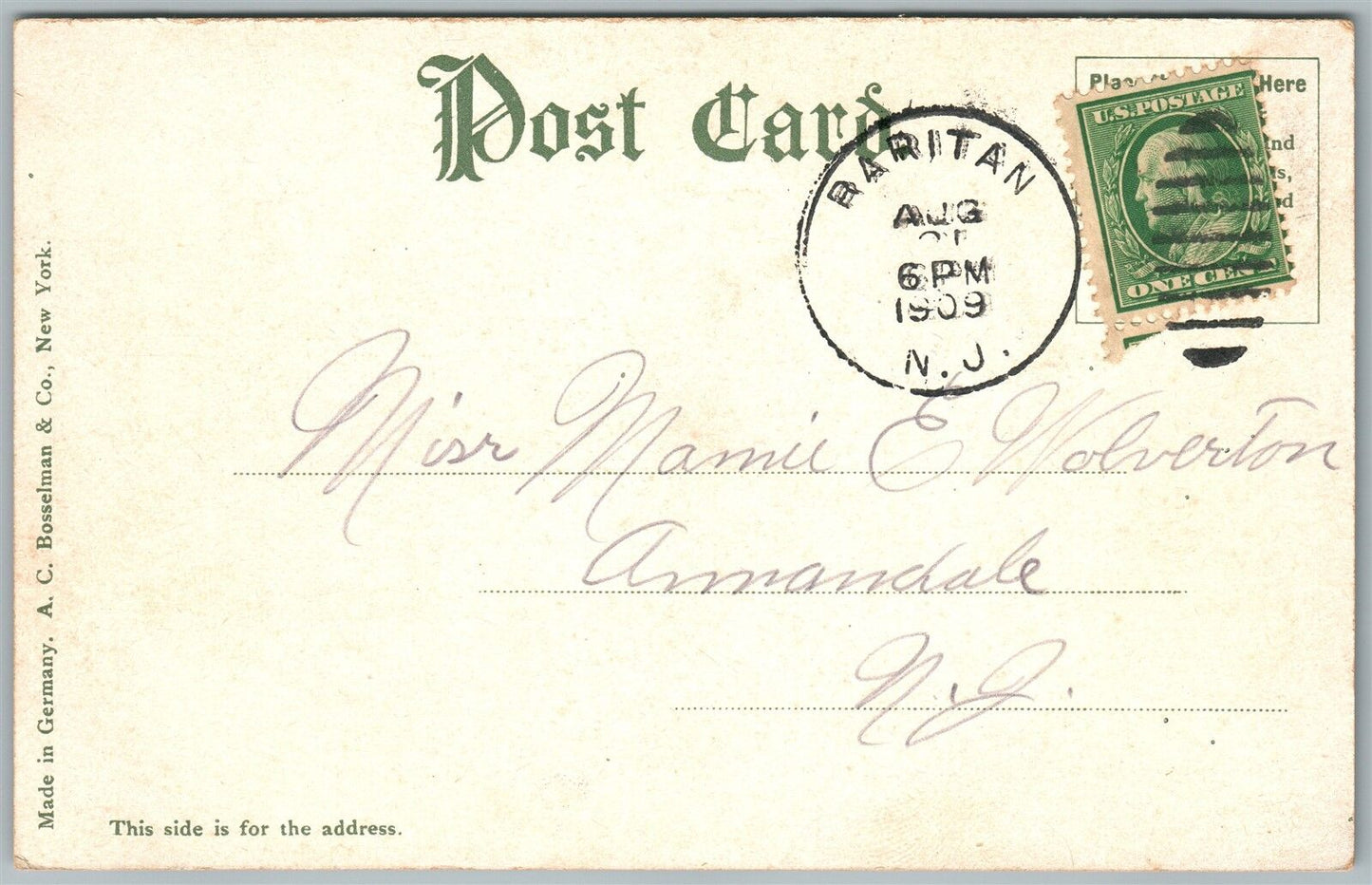 SOMERVILLE NJ MAIN STREET 1909 ANTIQUE POSTCARD CORK STAMP
