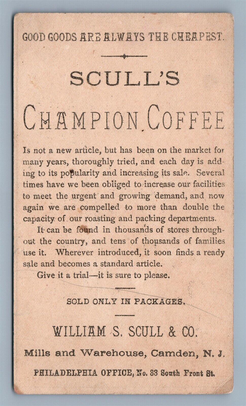 VICTORIAN TRADE CARD SCULL'S CHAMPION COFFEE CAMDEN NJ antique