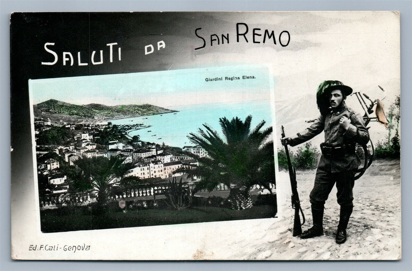 ITALIAN ANTIQUE REAL PHOTO POSTCARD INFANTRY SOLDIER SALUTI DA SAN REMO RPPC