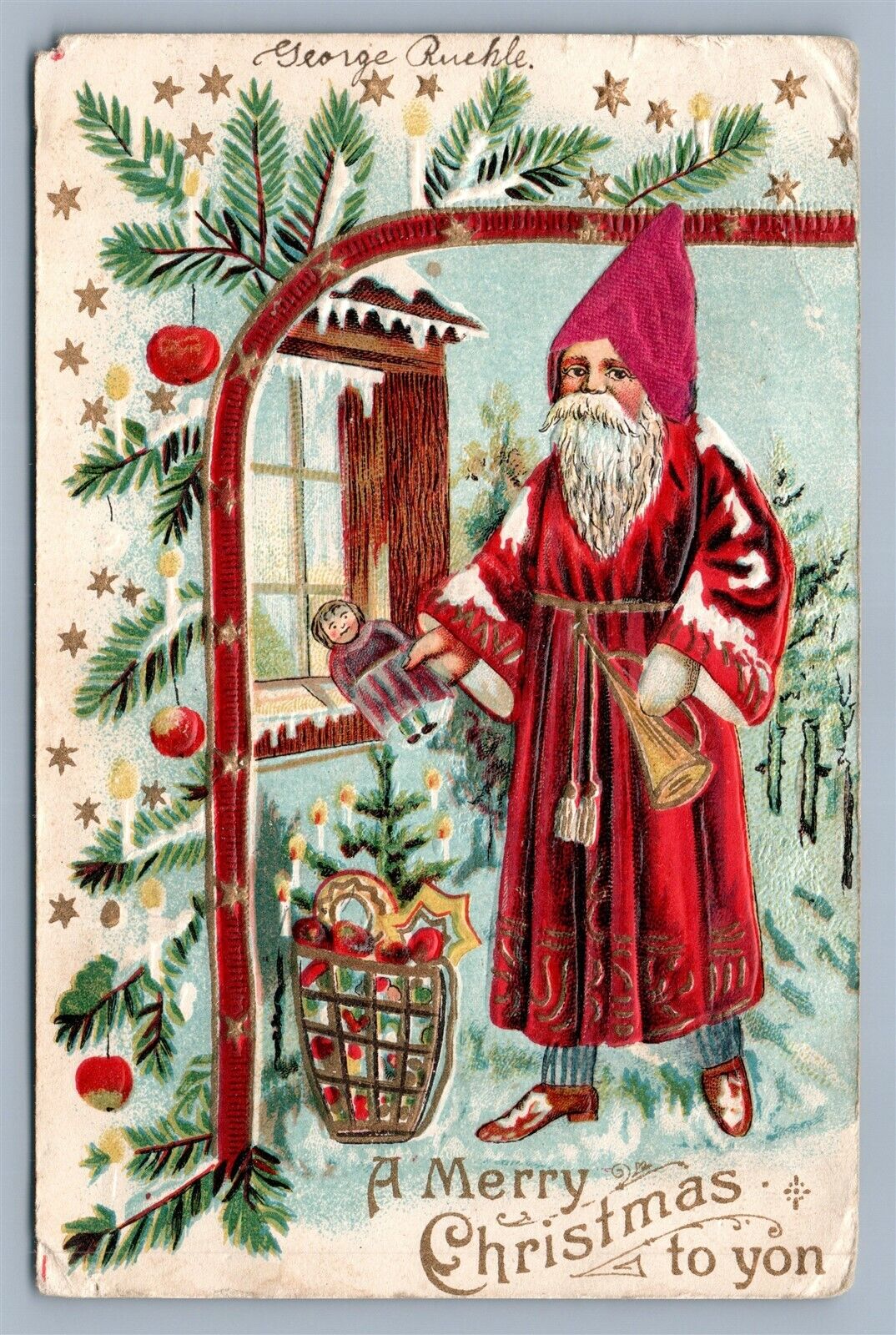 SANTA CLAUS w/ GIFTS CHRISTMAS EMBOSSED 1907 ANTIQUE POSTCARD