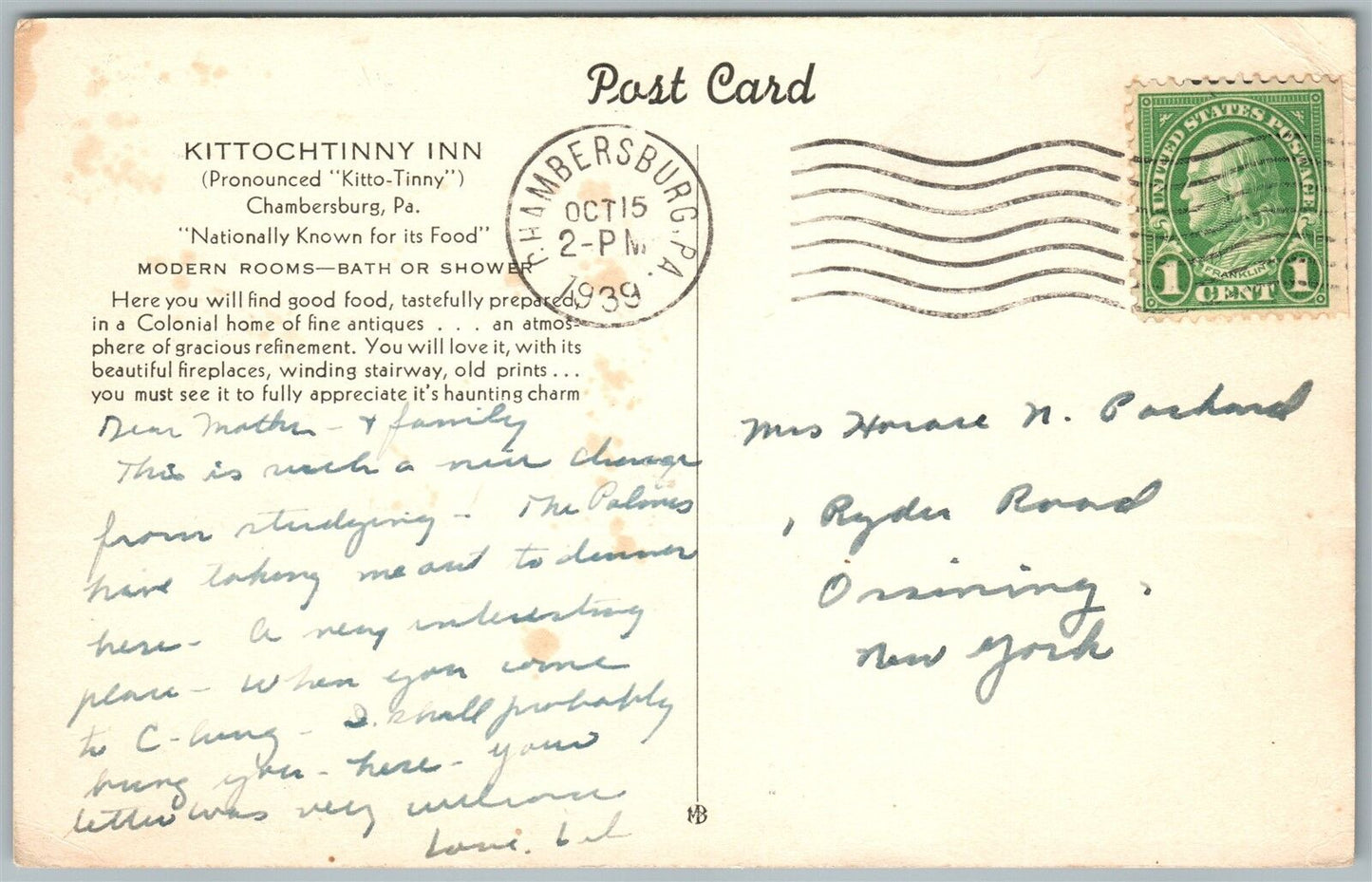 CHAMBERSBURG PA KITTOCHTINNY INN 1939 VINTAGE POSTCARD