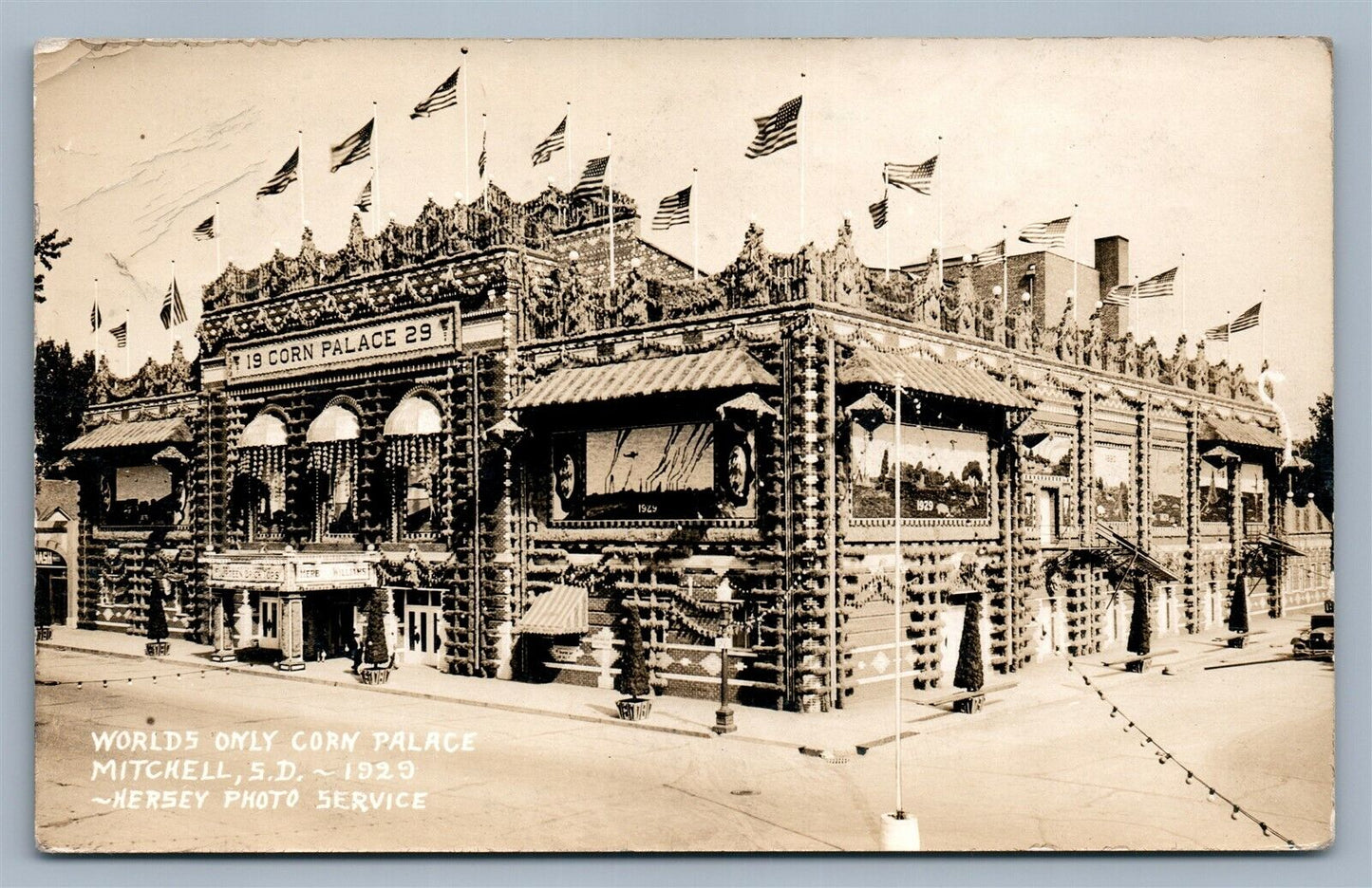 MITCHELL SD CORN PALACE 1929 ANTIQUE REAL PHOTO POSTCARD RPPC HERSEY SERVICE