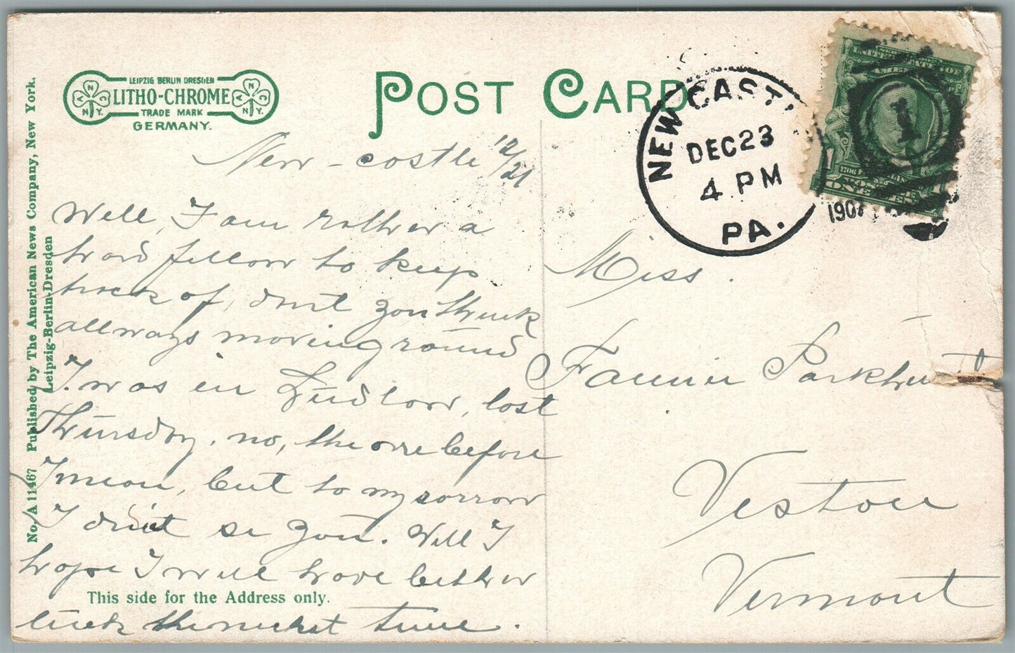 NEW CASTLE PA WASHINGTON STREET ANTIQUE POSTCARD