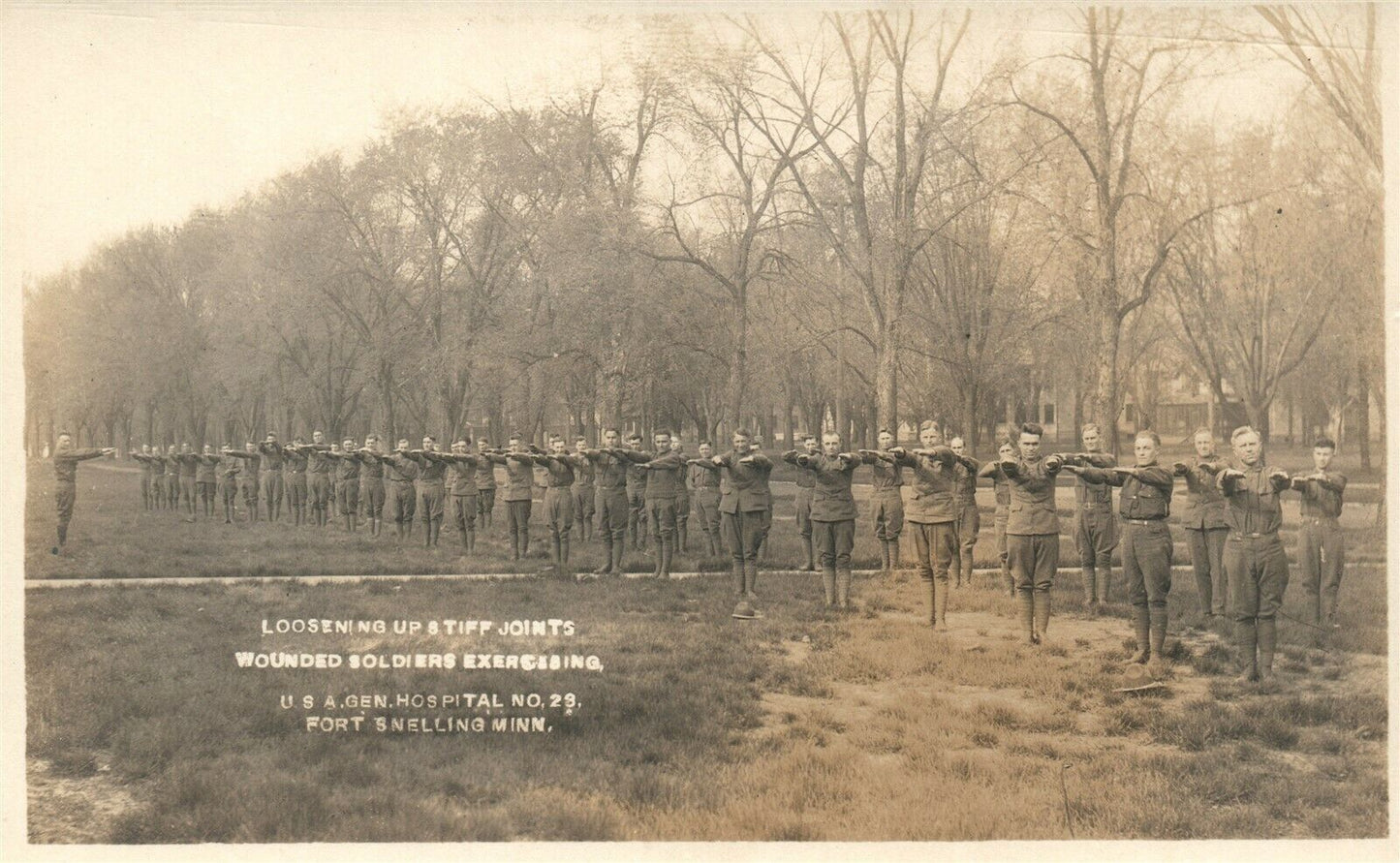 FORT SNELLING MN WOUNDED SOLDIERS EXERCISING ANTIQUE REAL PHOTO POSTCARD RPPC