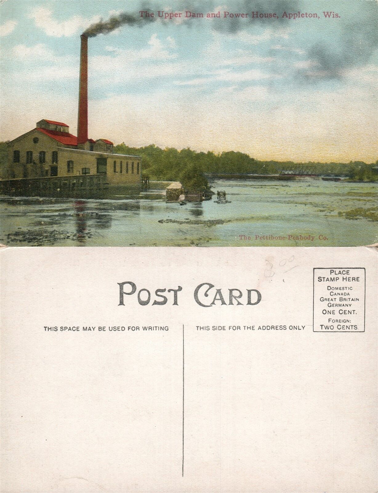 APPLETON WIS. UPPER DAM & POWER HOUSE ANTIQUE POSTCARD