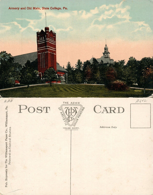 STATE COLLEGE PA ARMORY & OLD MAIN ANTIQUE POSTCARD