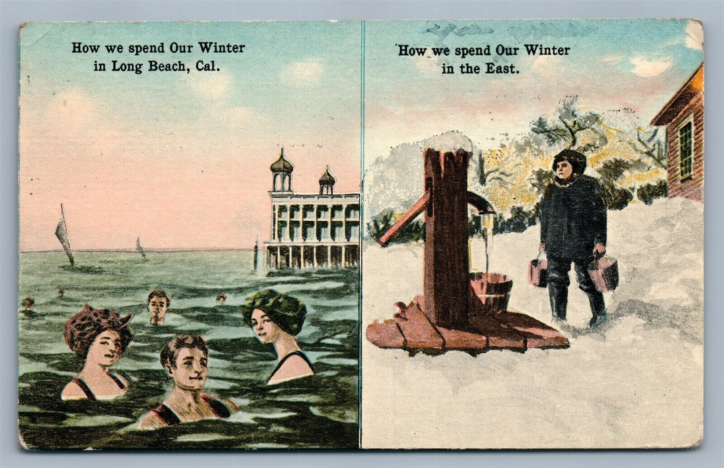 LONG BEACH CA 1914 ANTIQUE POSTCARD HOW WE SPEND OUR WINTER