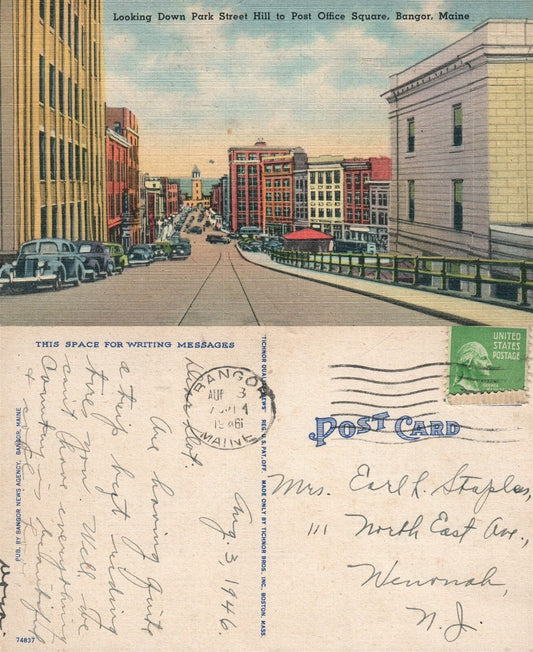 BANGOR ME PARK STREET HILL POST OFFICE VINTAGE 1946 POSTCARD