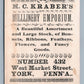 YORK PA ANTIQUE VICTORIAN TRADE CARD KRABER'S MILLINERY EMPORIUM ADVERTISING