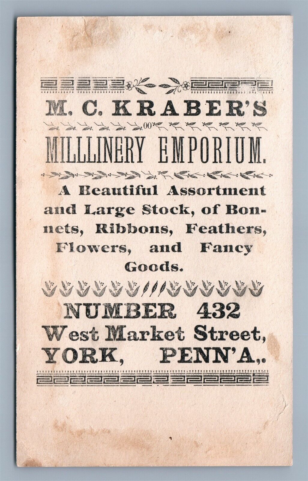 YORK PA ANTIQUE VICTORIAN TRADE CARD KRABER'S MILLINERY EMPORIUM ADVERTISING