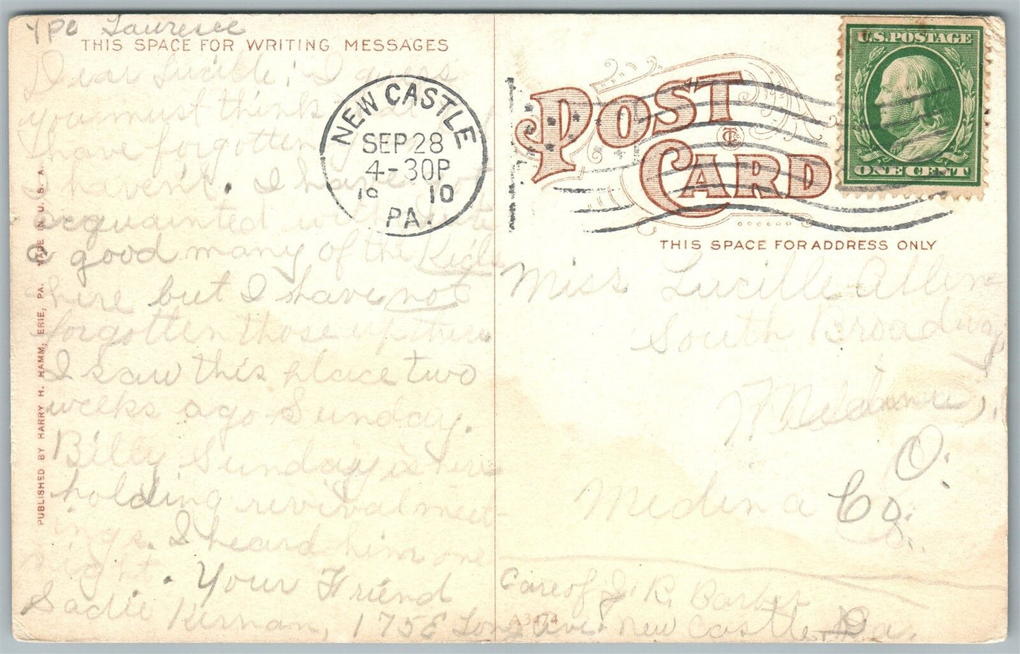 NEW CASTLE PA SOLDIER'S MONUMENT & PUBLIC SQUARE 1910 ANTIQUE POSTCARD