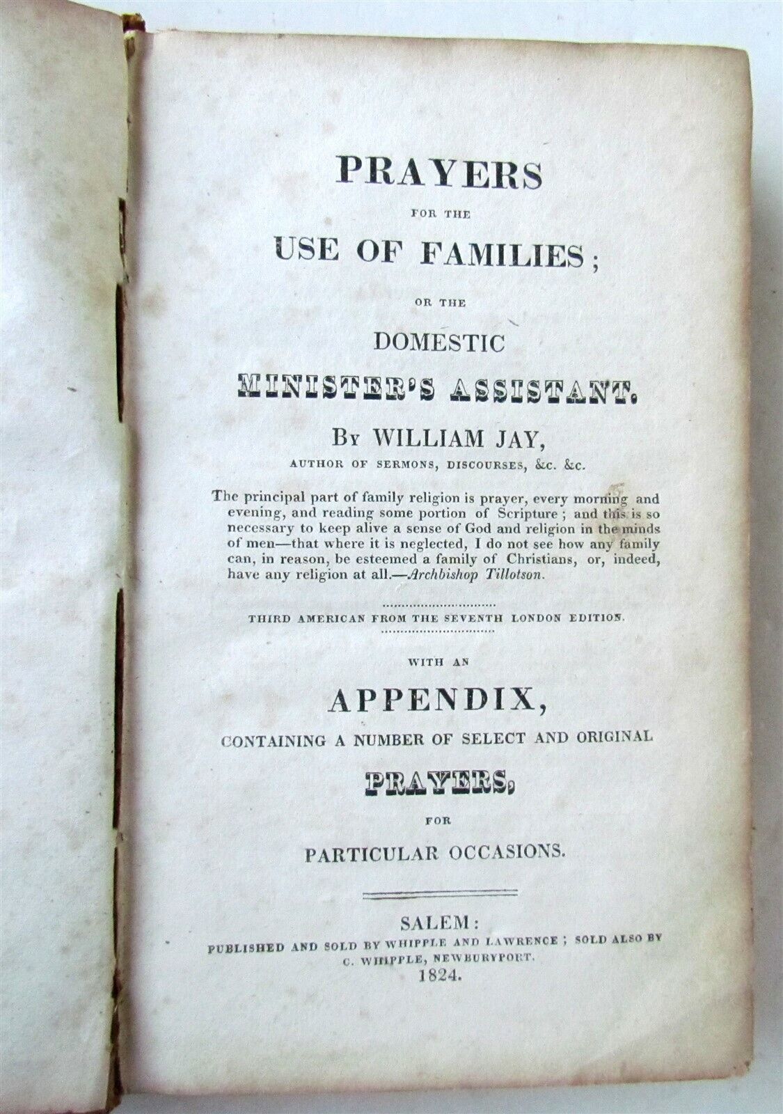 1824 PRAYERS for USE of FAMILIES DOMESTIC MINISTER'S ASSISTANT antique AMERICANA