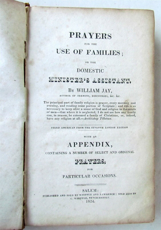 1824 PRAYERS for USE of FAMILIES DOMESTIC MINISTER'S ASSISTANT antique AMERICANA