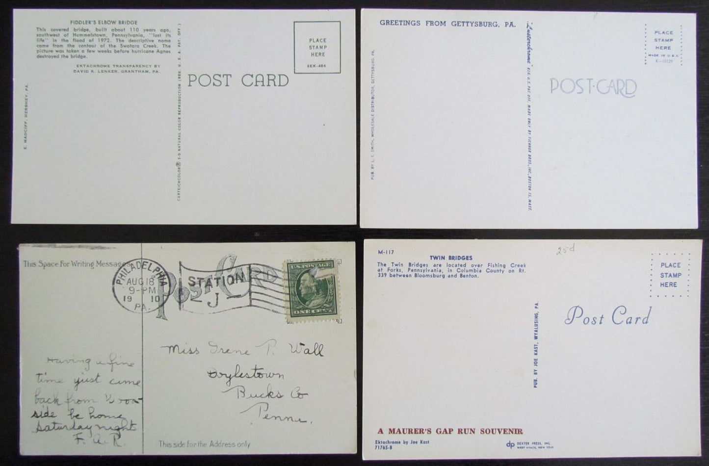 PENNSYLVANIA COVERED BRIDGES LOT OF 4 VINTAGE POSTCARDS