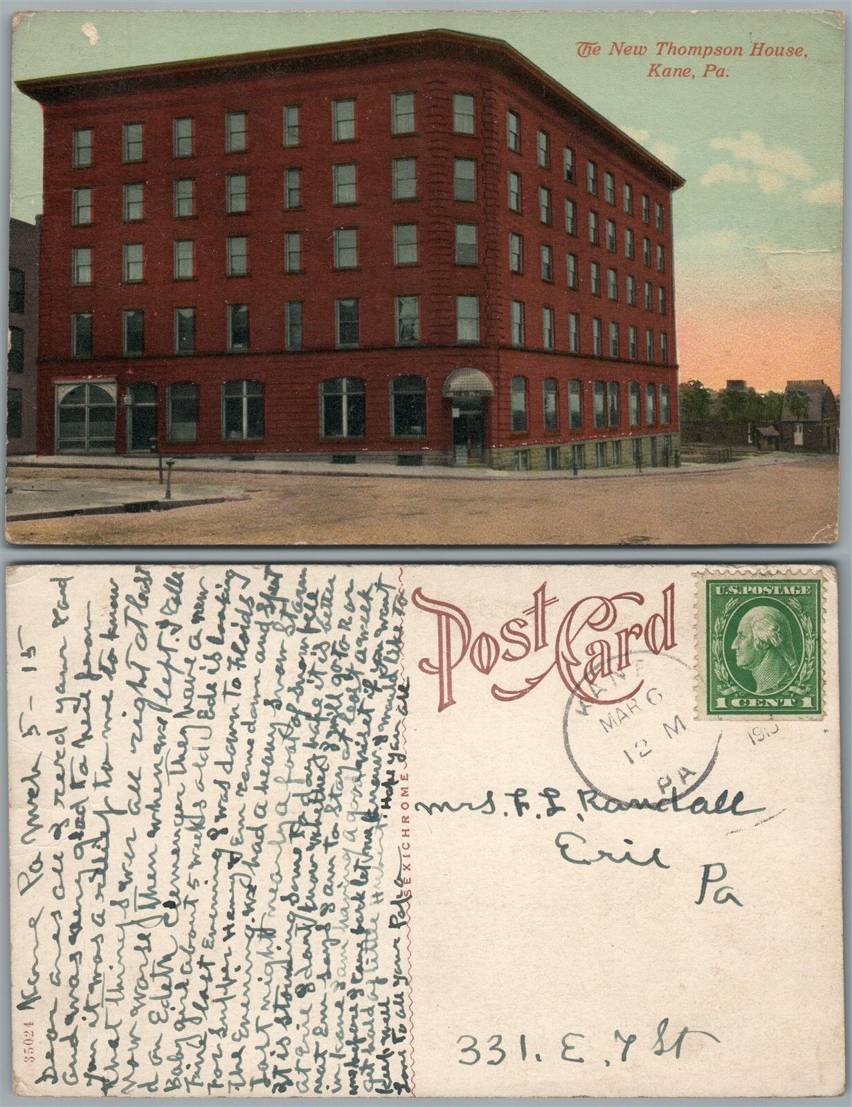 KANE PA NEW THOMPSON HOUSE 1913 ANTIQUE POSTCARD