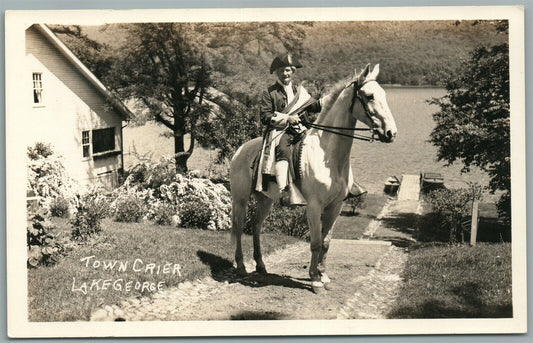 LAKE GEORGE NY TOWN CRIER HORSEMAN VINTAGE REAL PHOTO POSTCARD RPPC