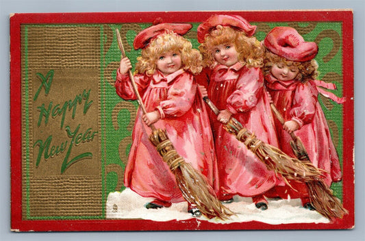 HAPPY NEW YEAR ANTIQUE POSTCARD SWEEPING GIRLS