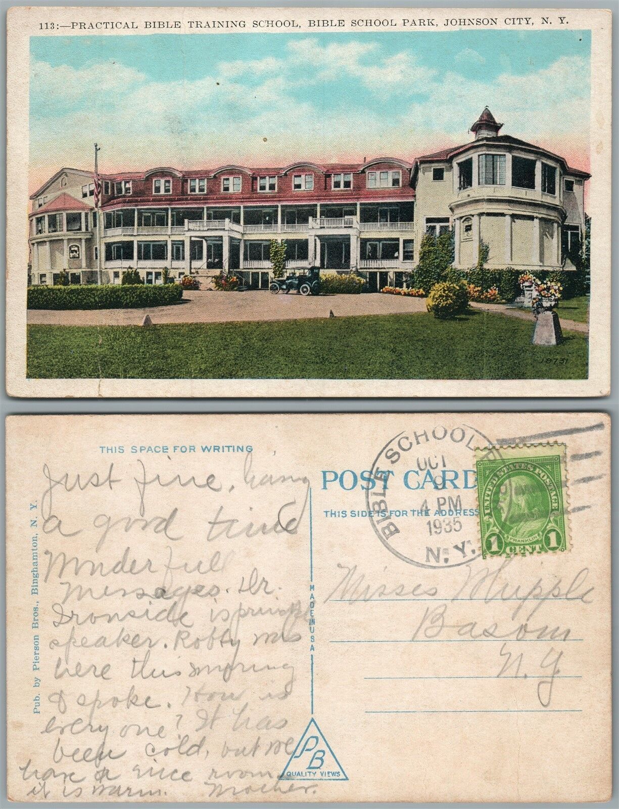 JOHNSON CITY N.Y. BIBLE TRAINING SCHOOL 1935 ANTIQUE POSTCARD