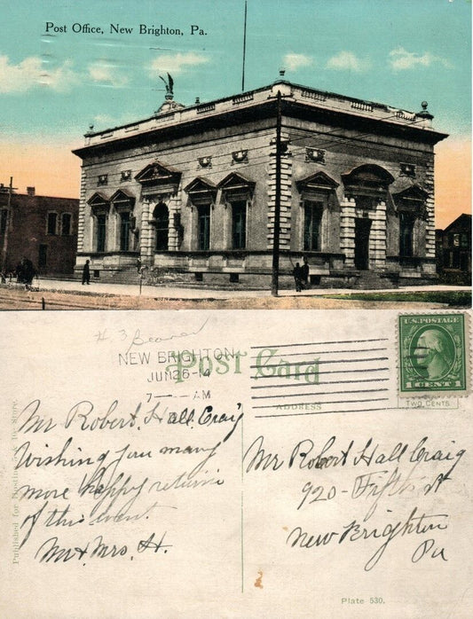 NEW BRIGHTON PA POST OFFICE 1914 ANTIQUE POSTCARD
