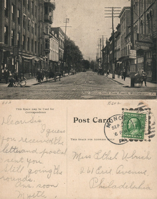 WILLIAMSPORT PA PINE STREET SOUTH ANTIQUE POSTCARD w/ CORK CANCEL