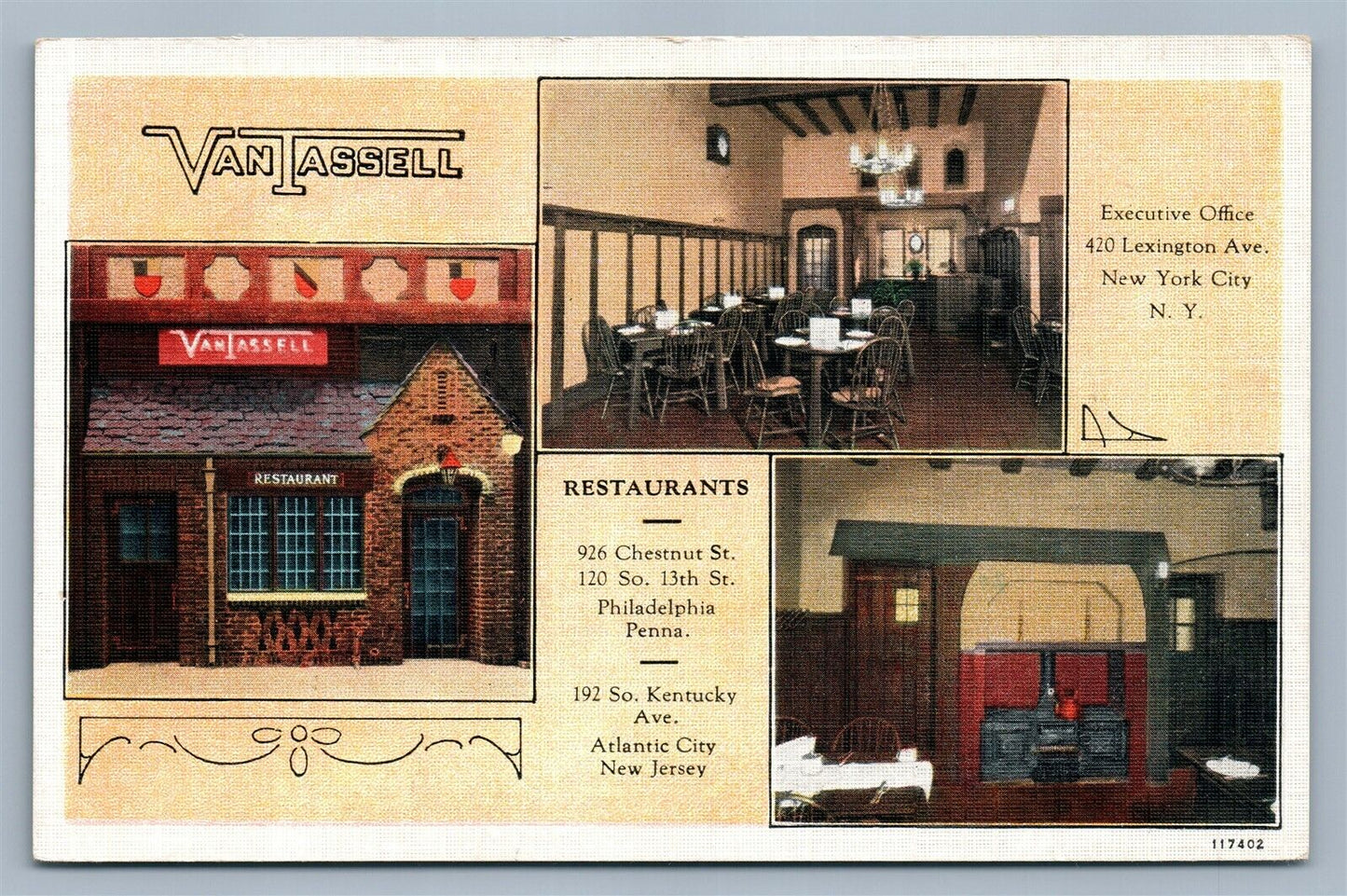 VAN TASSELL RESTAURANT ADVERTISING ANTIQUE POSTCARD PA NY NJ
