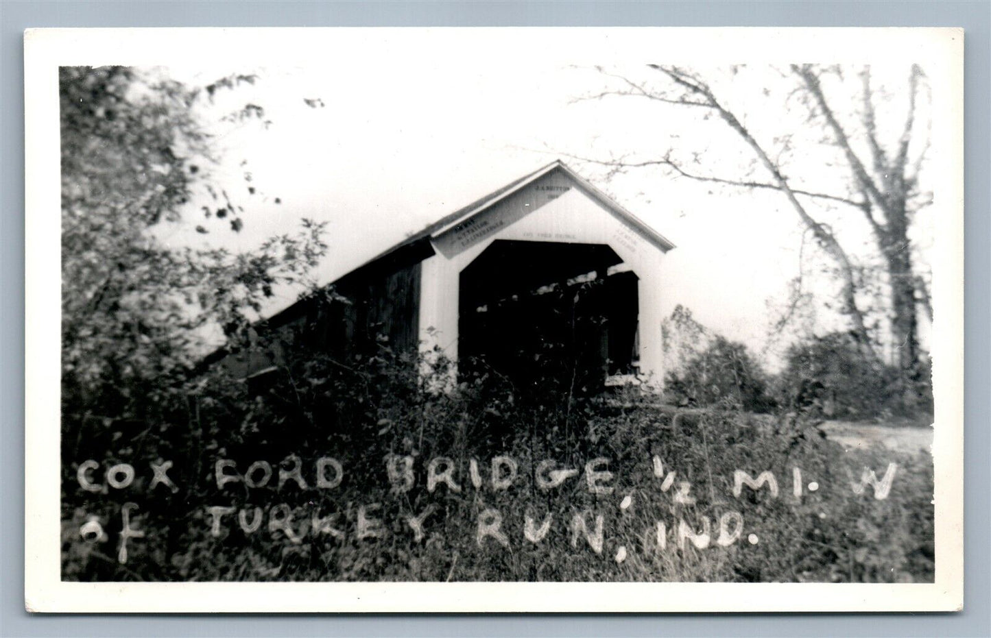 BLOOMINGDALE IND COX FORD COVERED BRIDGE VINTAGE REAL PHOTO POSTCARD RPPC